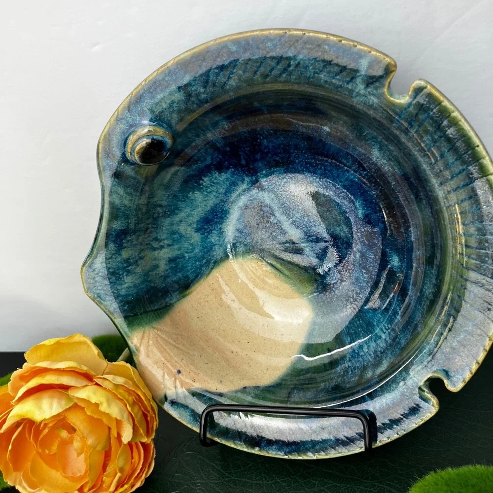 James Lawson Pottery Fish Bowl 1994 Vintage Blue Teal Drip Glaze Handcrafted Art